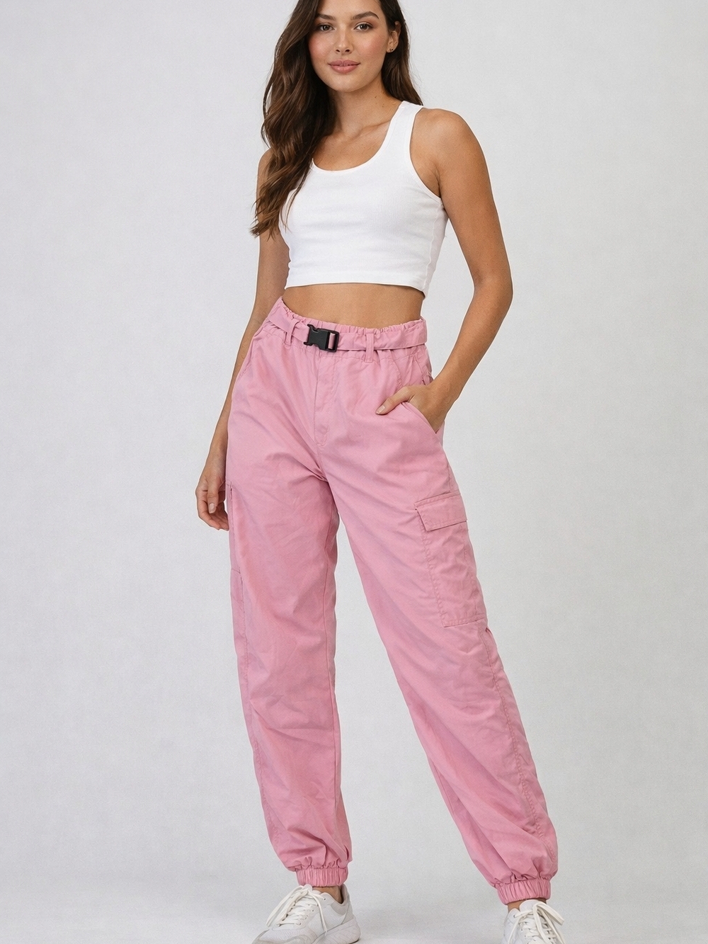 Ninth Hall Pink Nylon Cargo Track Pants with Belt – Lightweight Joggers - Picture 1 of 6